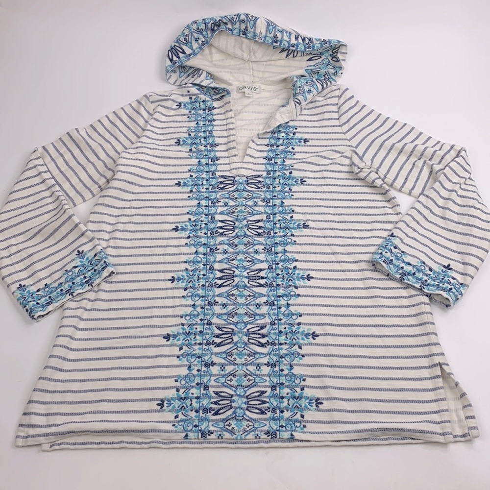 Orvis Hooded Pullover Embroidered Top Sweatshirt Tunic Creme Blue Size Medium